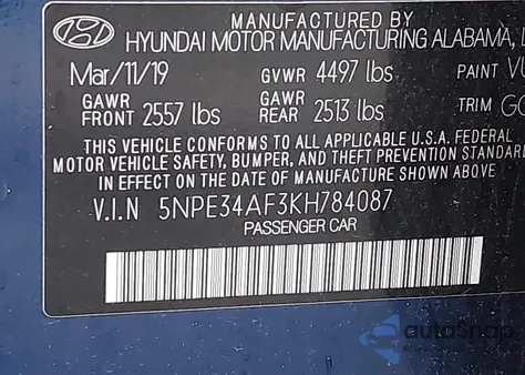 2019 Hyundai Sonata Sel z USA, uszkodzony, nr VIN 5NPE34AF3KH784087